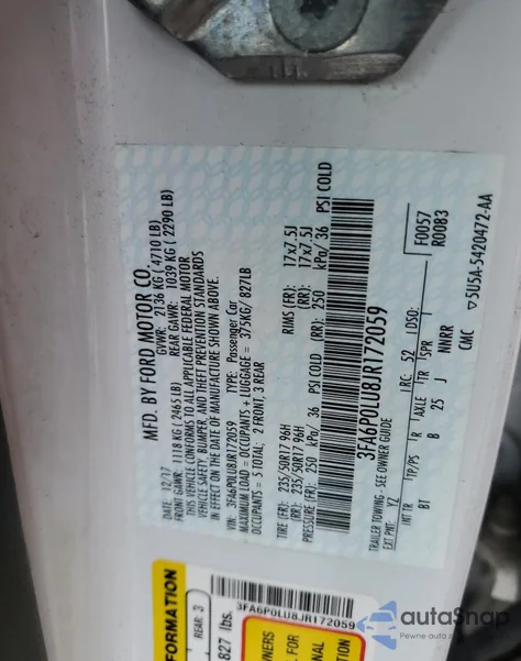 2018 Ford Fusion Se Hybrid from USA, damaged, VIN 3FA6P0LU8JR172059